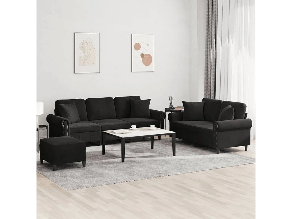 Ensemble de canapés 3 pièces avec coussins noir velours