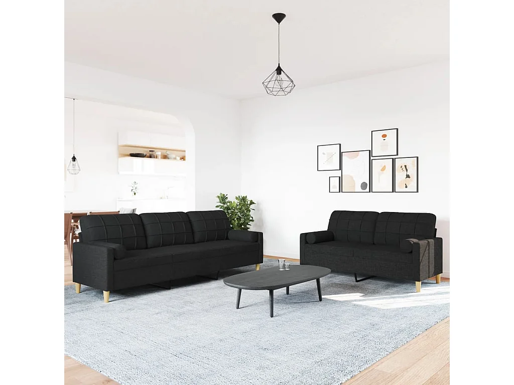 Ensemble de canapés 2 pièces avec coussins décoratifs noir tissu