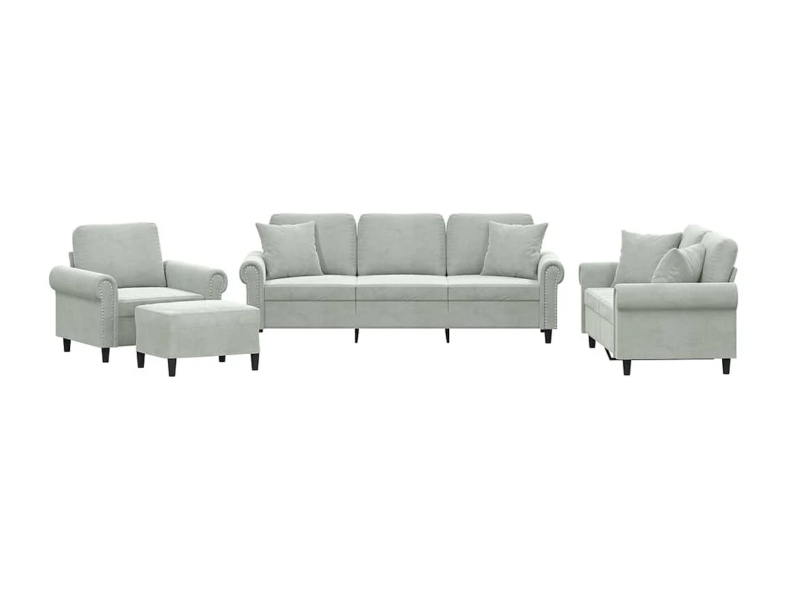 4 peças conjunto de sofás com almofadas veludo cinzento-claro