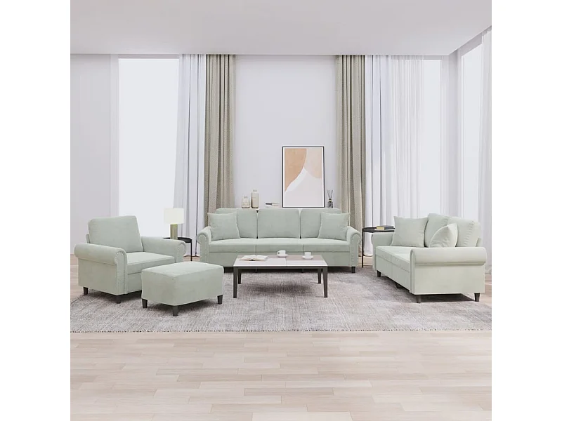 Ensemble de canapés 4 pièces avec coussins gris clair velours