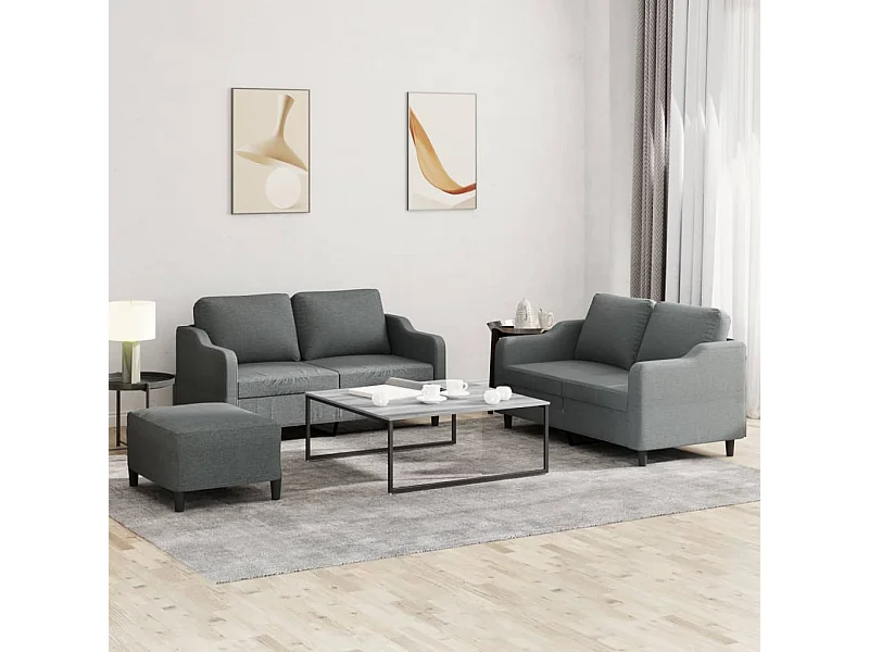 3 peças conjunto de sofás com almofadões tecido cinzento-escuro