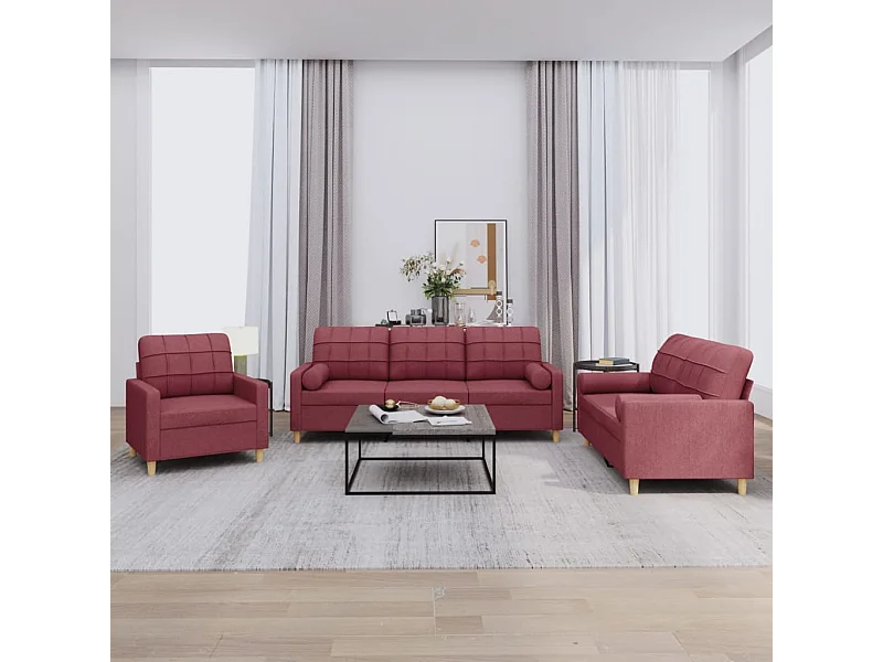 3 peças conjunto de sofás com almofadas tecido vermelho-tinto