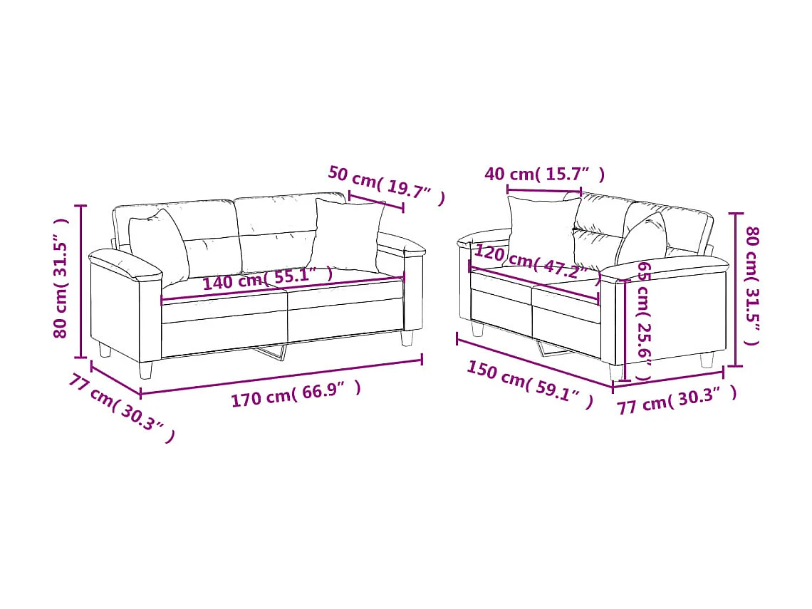 Ensemble de canapés 2 pièces coussins Gris clair Tissu microfibre