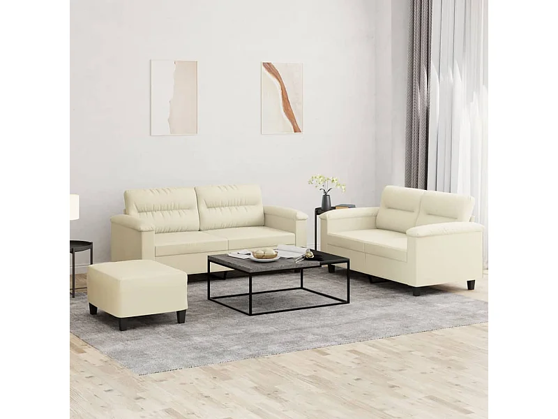 3 peças conjunto sofás com almofadões couro artificial cor creme