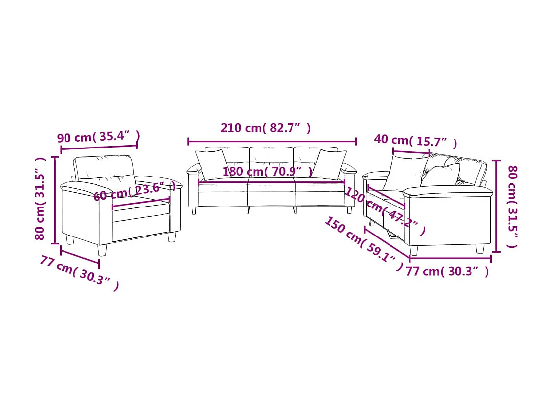 3-delige Loungeset met kussens microvezelstof lichtgrijs