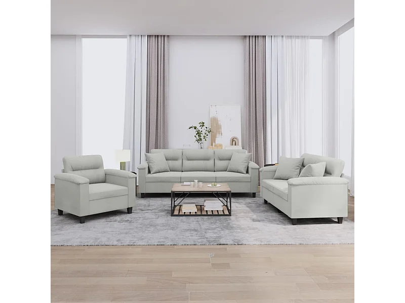 3-delige Loungeset met kussens microvezelstof lichtgrijs