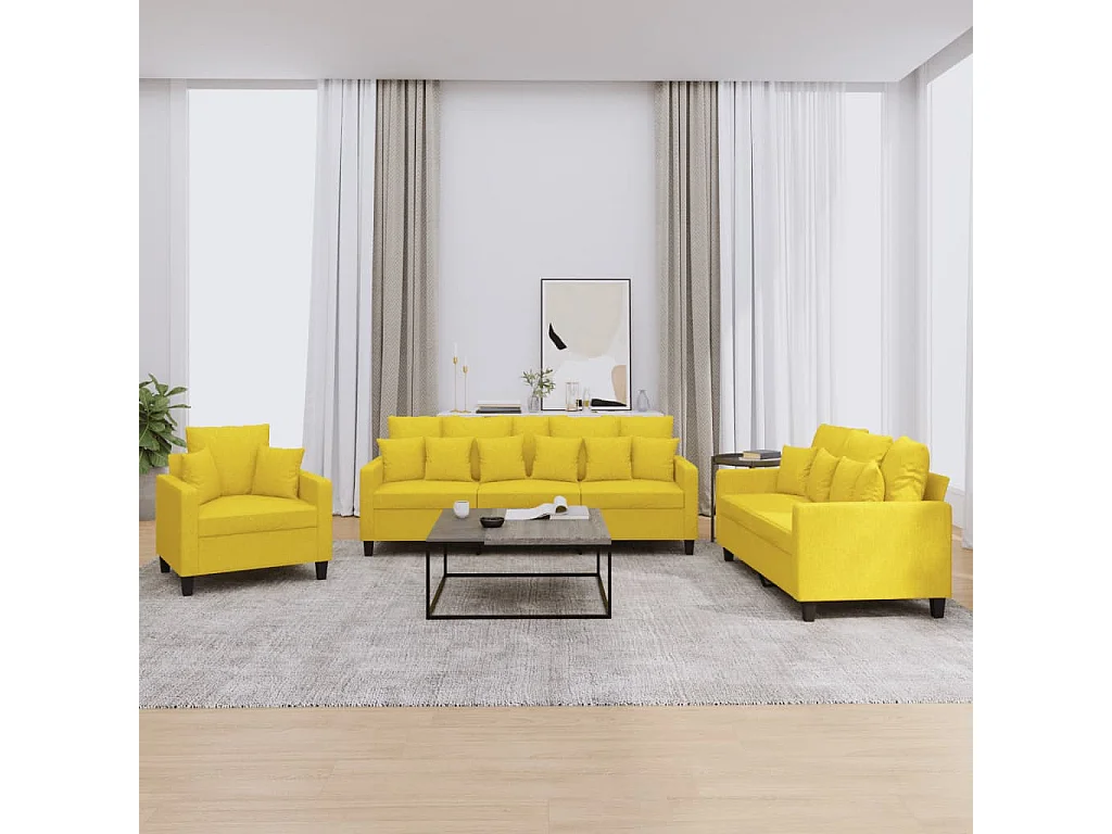 Ensemble de canapés 3 pièces avec coussins jaune clair tissu
