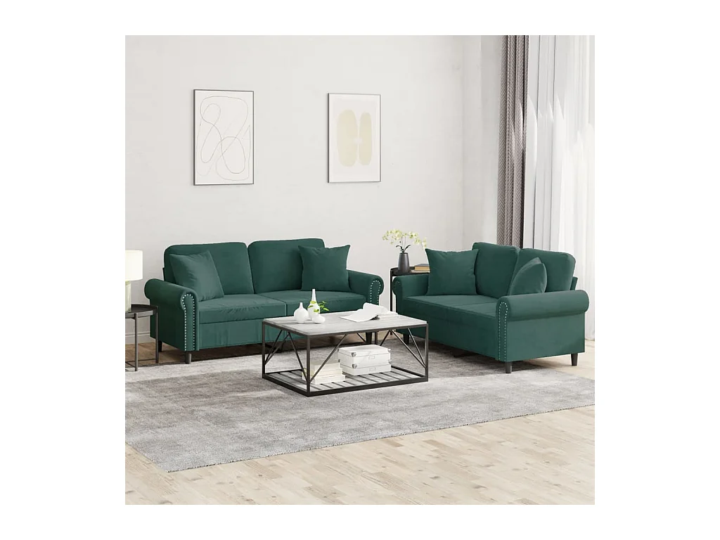 Ensemble de canapés 2 pièces avec coussins vert foncé velours