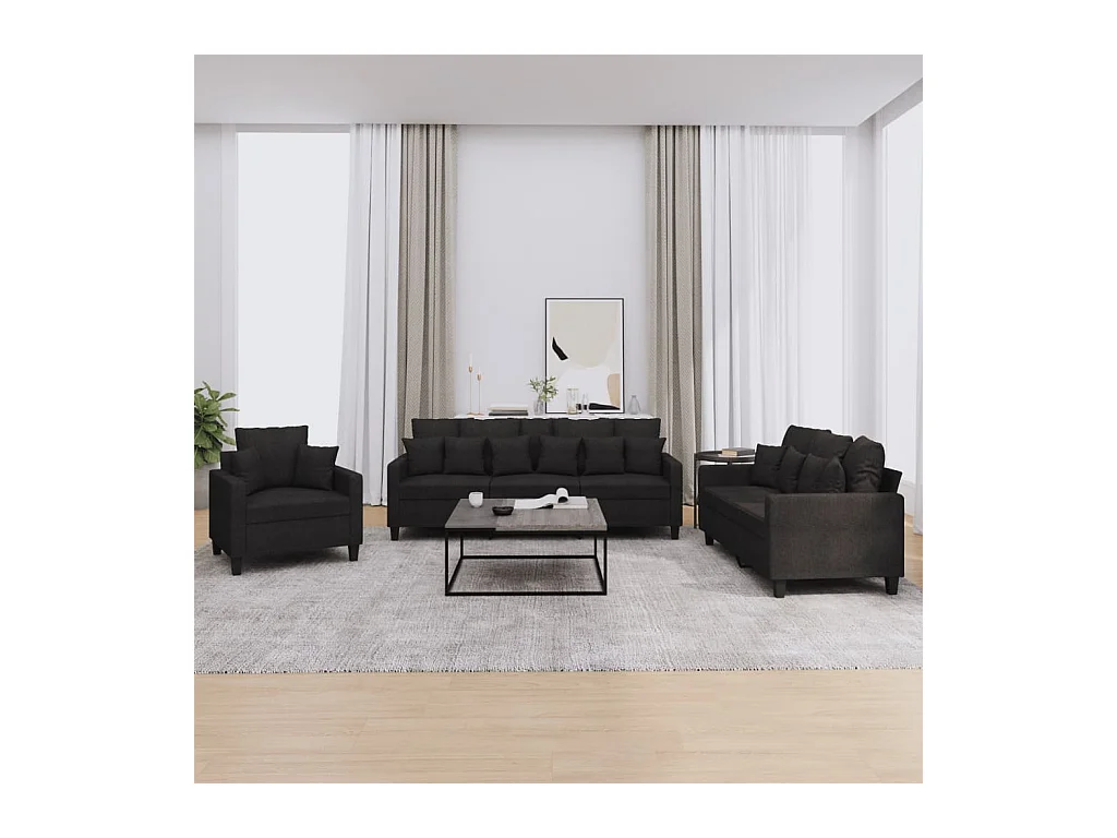 Ensemble de canapés 3 pièces avec coussins noir tissu