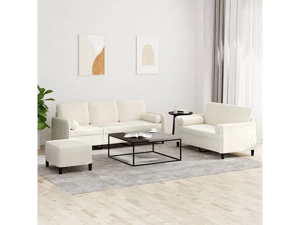 Juego de sofás con cojines 3 piezas terciopelo crema