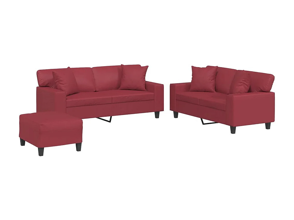 Ensemble de canapés 3 pièces et coussins rouge bordeaux similicuir
