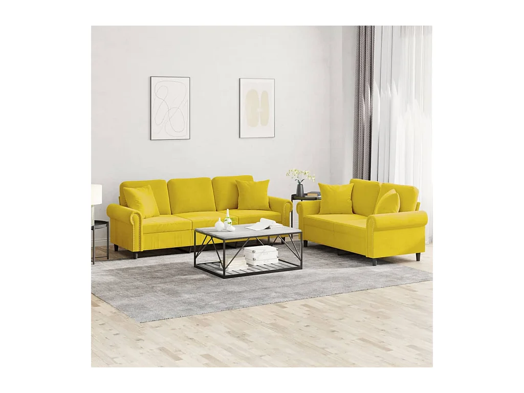 Ensemble de canapés 2 pièces avec coussins jaune velours