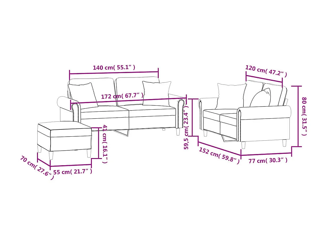 Ensemble de canapés 3 pièces avec coussins crème velours