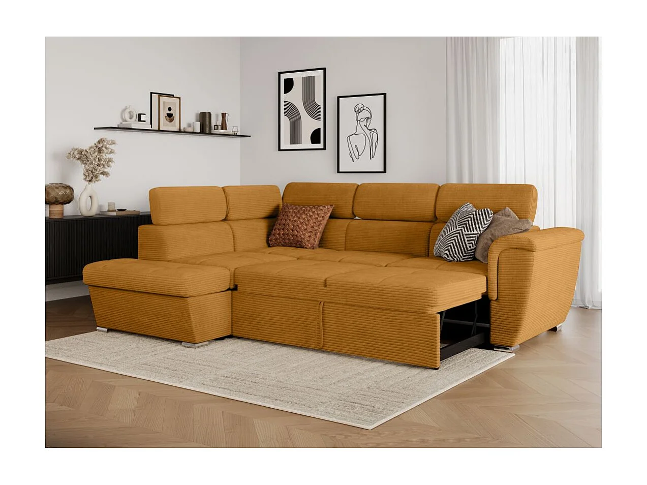 Canapé d'angle gauche 4 places Paola convertible avec coffre en velours côtelé - Jaune - L252 x P188 x H76cm - Loungitude