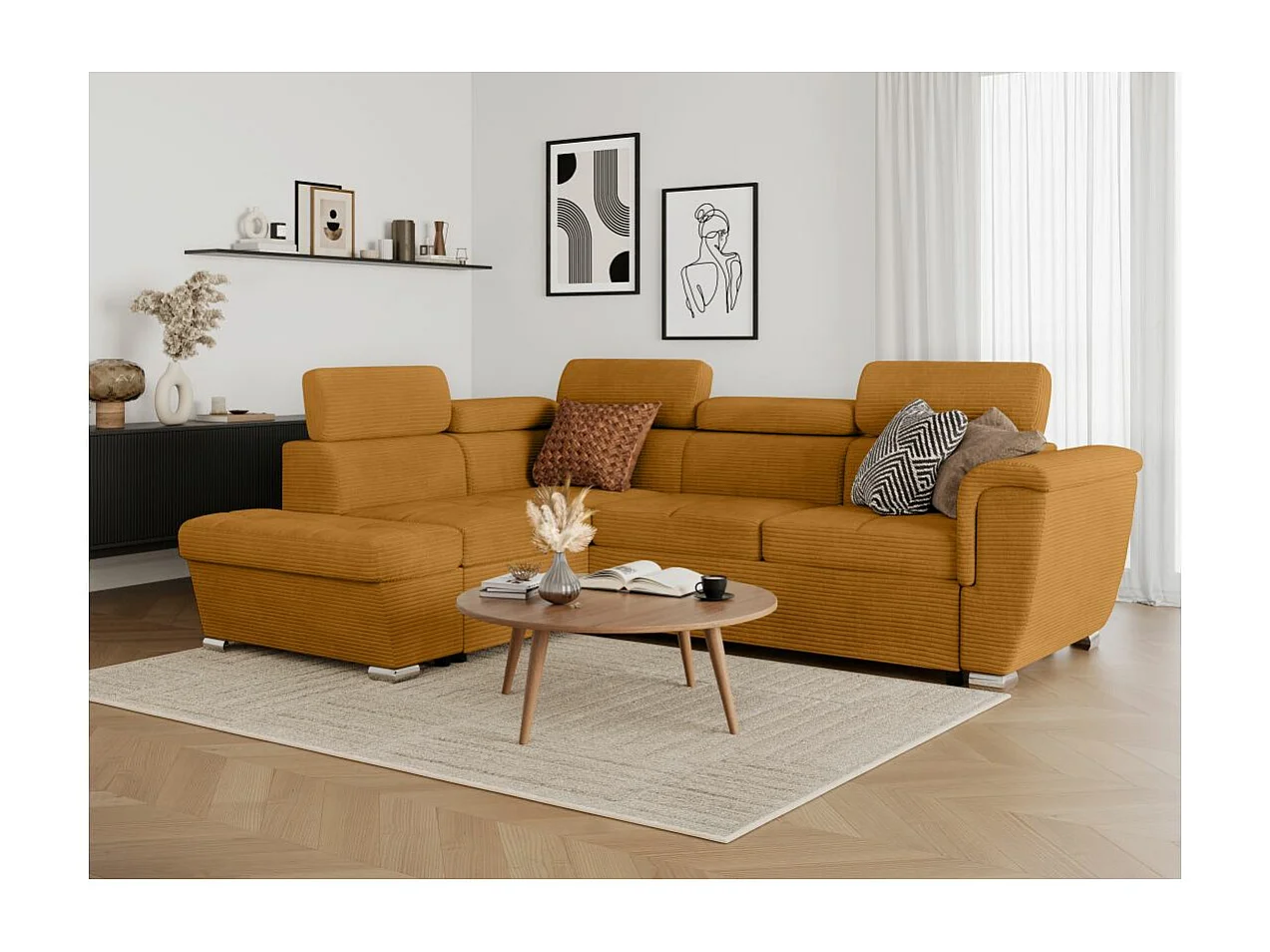 Canapé d'angle gauche 4 places Paola convertible avec coffre en velours côtelé - Jaune - L252 x P188 x H76cm - Loungitude