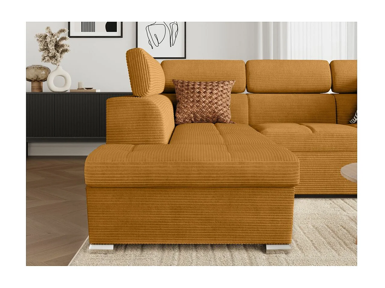 Canapé d'angle gauche 4 places Paola convertible avec coffre en velours côtelé - Jaune - L252 x P188 x H76cm - Loungitude