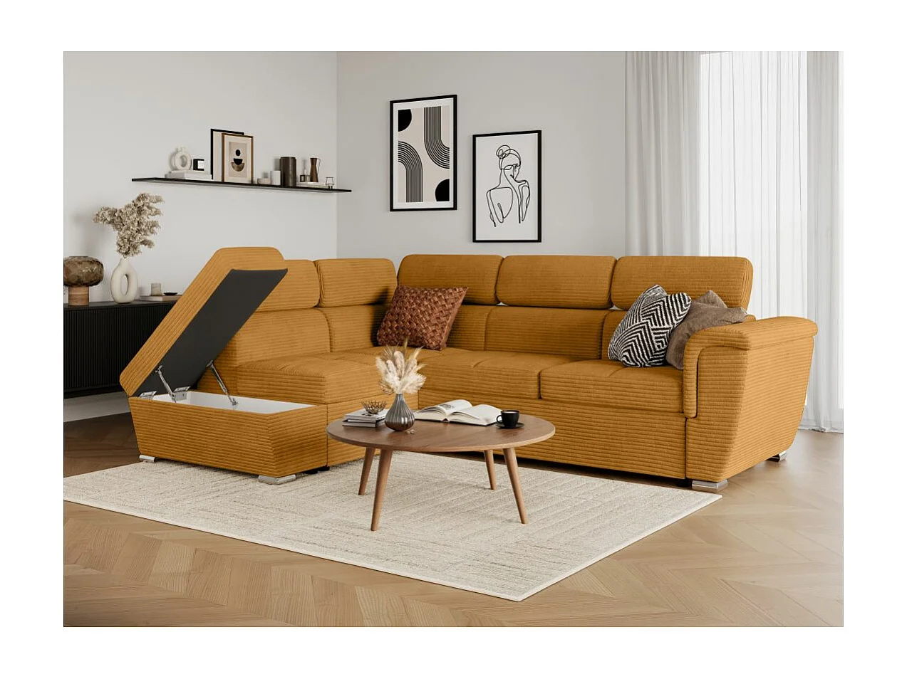 Canapé d'angle gauche 4 places Paola convertible avec coffre en velours côtelé - Jaune - L252 x P188 x H76cm - Loungitude