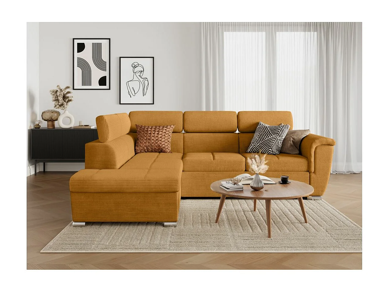 Canapé d'angle gauche 4 places Paola convertible avec coffre en velours côtelé - Jaune - L252 x P188 x H76cm - Loungitude