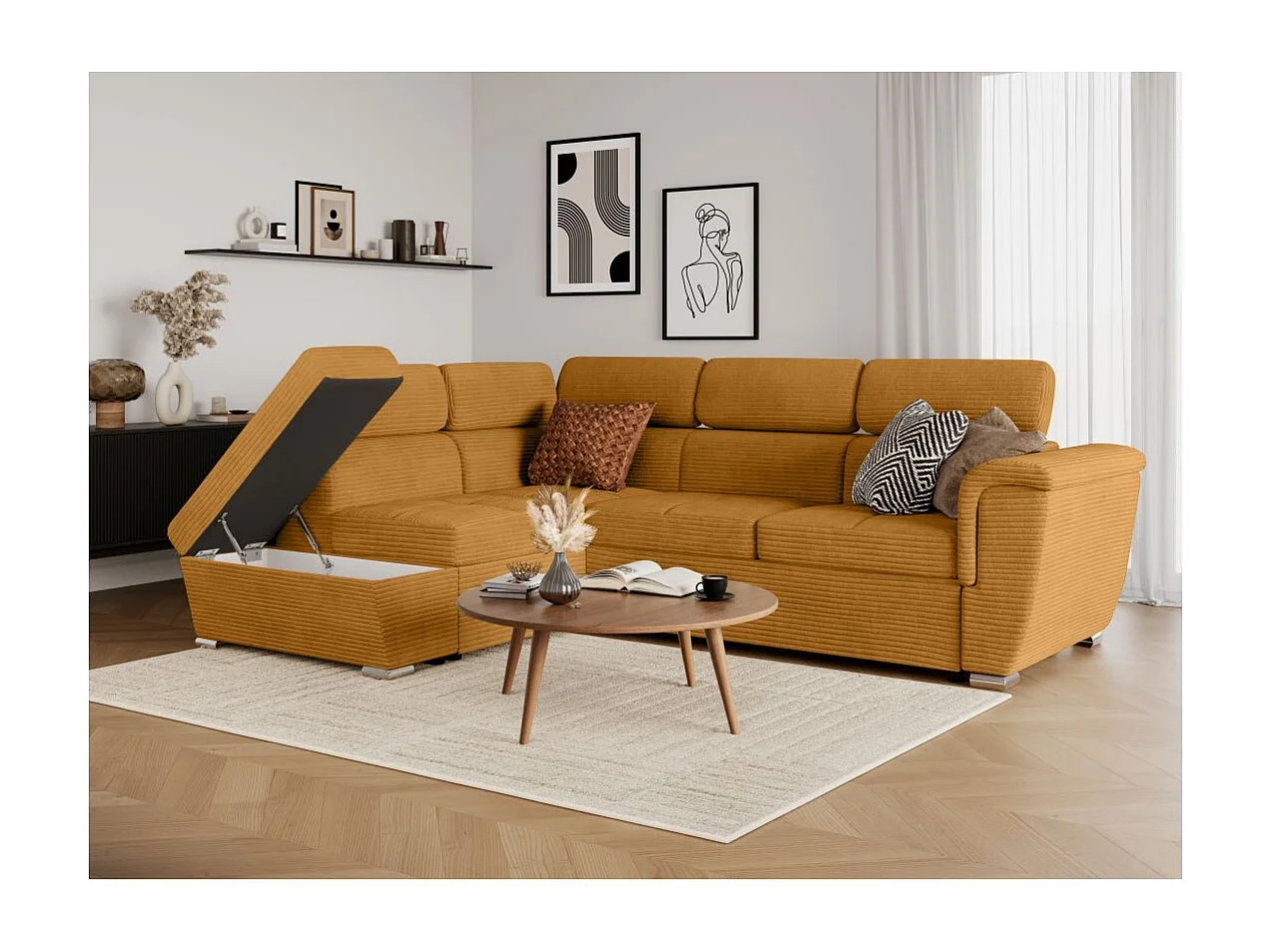 Canapé d'angle gauche 4 places Paola convertible avec coffre en velours côtelé - Jaune - L252 x P188 x H76cm - Loungitude