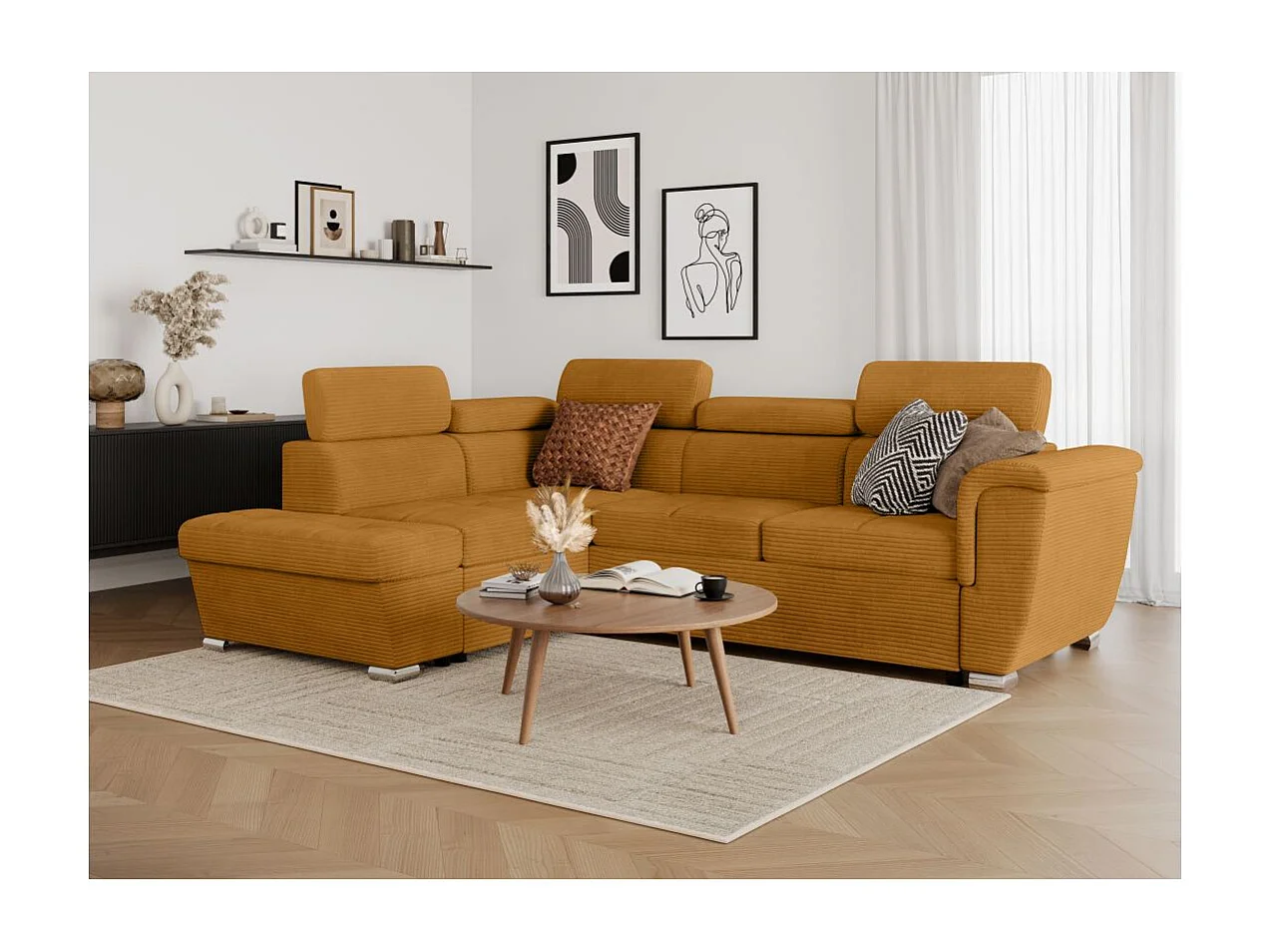 Canapé d'angle gauche 4 places Paola convertible avec coffre en velours côtelé - Jaune - L252 x P188 x H76cm - Loungitude