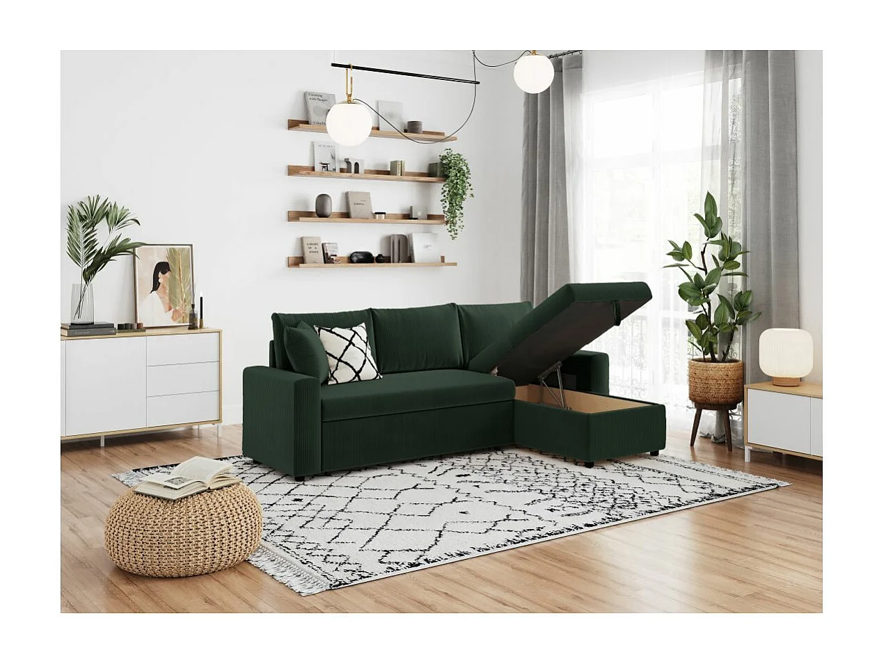 Canapé d'angle 3 places Maria réversible, convertible avec coffre en velours côtelé - Vert foncé - L227 x P146 x H81cm - Loungitude