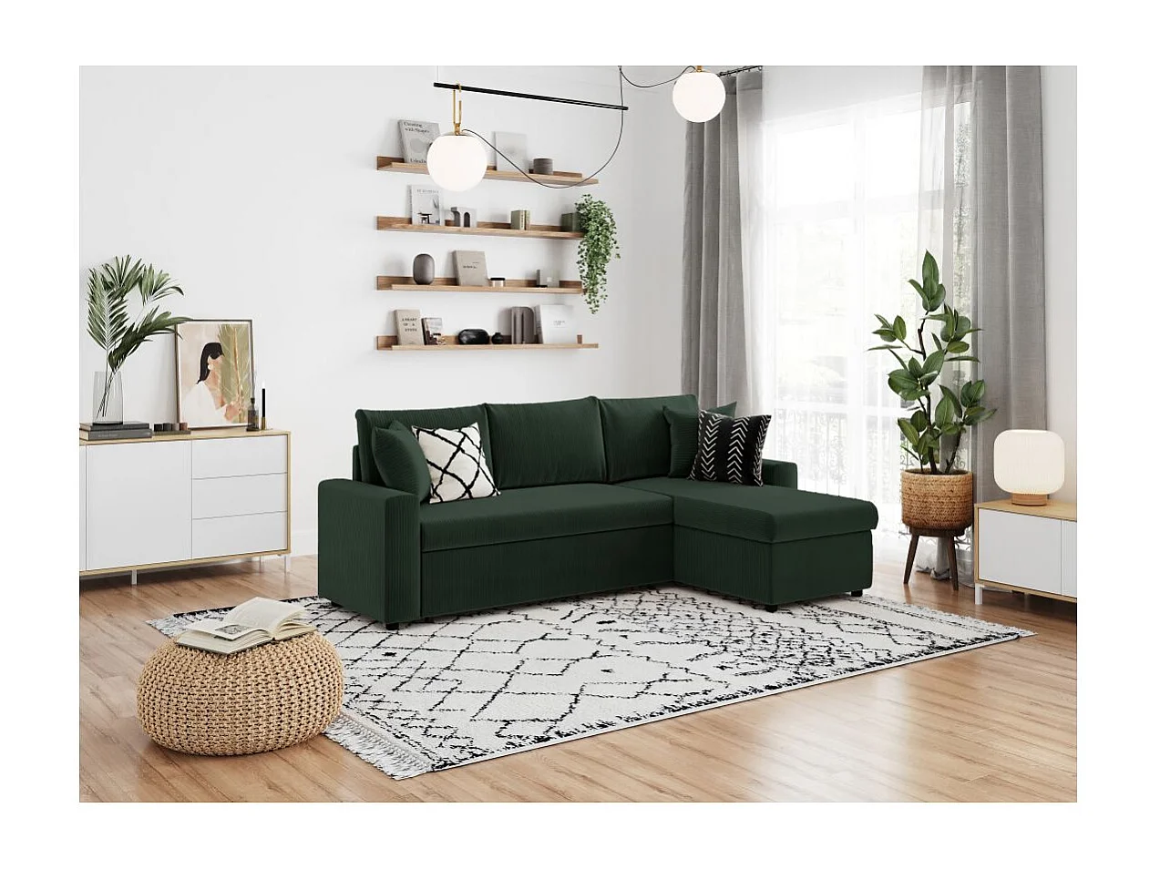 Canapé d'angle 3 places Maria réversible, convertible avec coffre en velours côtelé - Vert foncé - L227 x P146 x H81cm - Loungitude