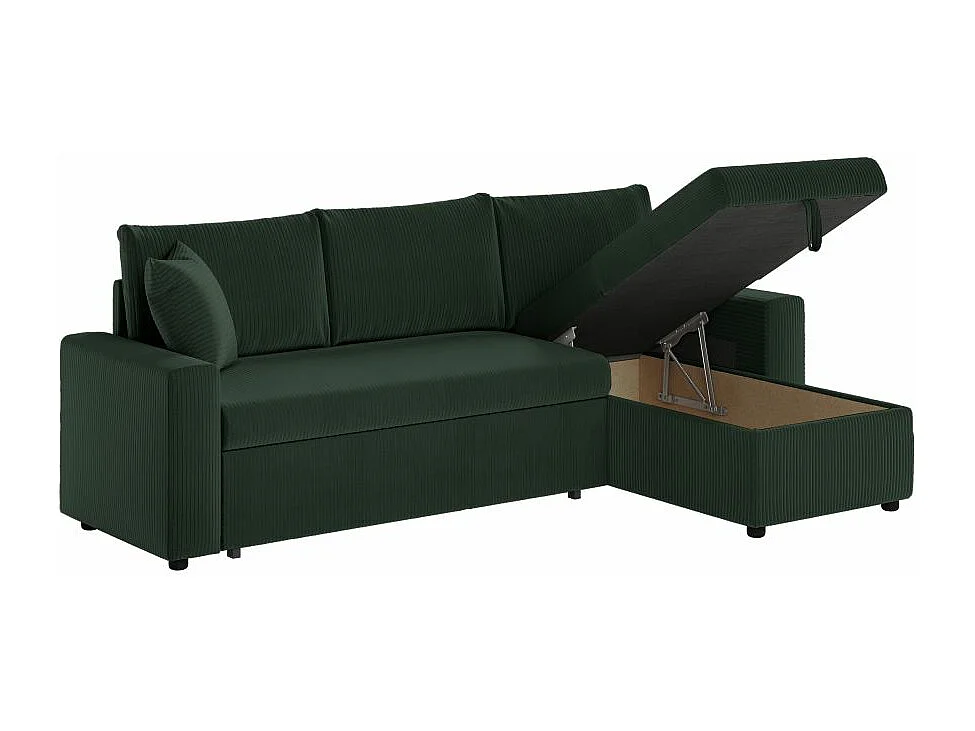 Canapé d'angle 3 places Maria réversible, convertible avec coffre en velours côtelé - Vert foncé - L227 x P146 x H81cm - Loungitude