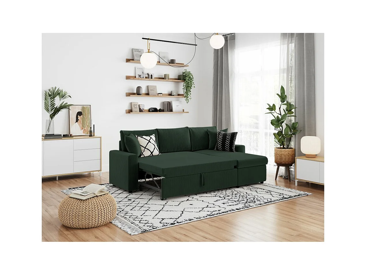 Canapé d'angle 3 places Maria réversible, convertible avec coffre en velours côtelé - Vert foncé - L227 x P146 x H81cm - Loungitude