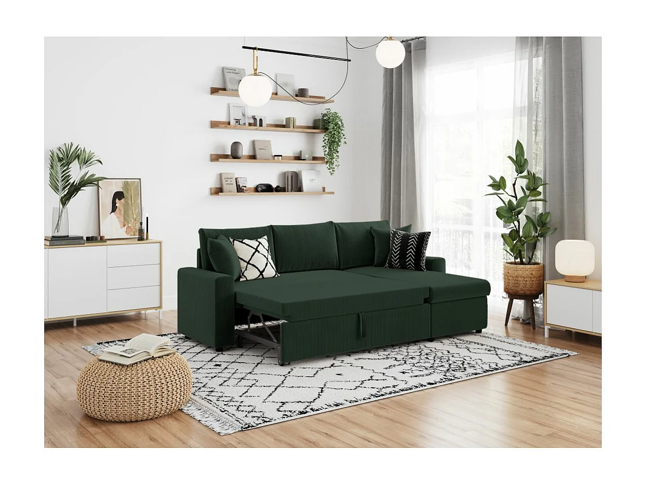 Canapé d'angle 3 places Maria réversible, convertible avec coffre en velours côtelé - Vert foncé - L227 x P146 x H81cm - Loungitude