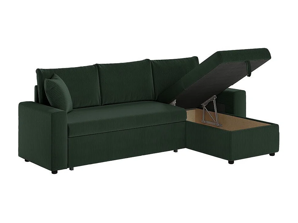 Canapé d'angle 3 places Maria réversible, convertible avec coffre en velours côtelé - Vert foncé - L227 x P146 x H81cm - Loungitude