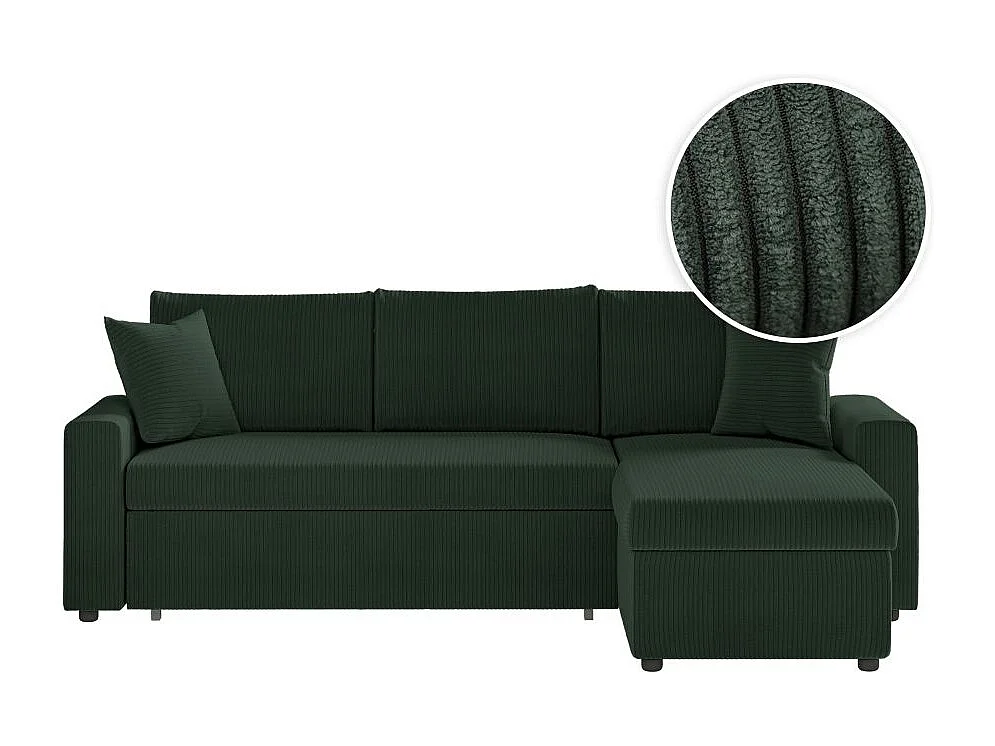 Canapé d'angle 3 places Maria réversible, convertible avec coffre en velours côtelé - Vert foncé - L227 x P146 x H81cm - Loungitude