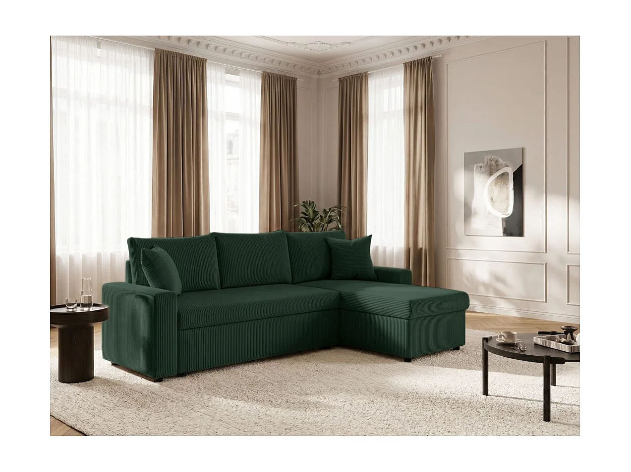 Canapé d'angle 3 places Maria réversible, convertible avec coffre en velours côtelé - Vert foncé - L227 x P146 x H81cm - Loungitude