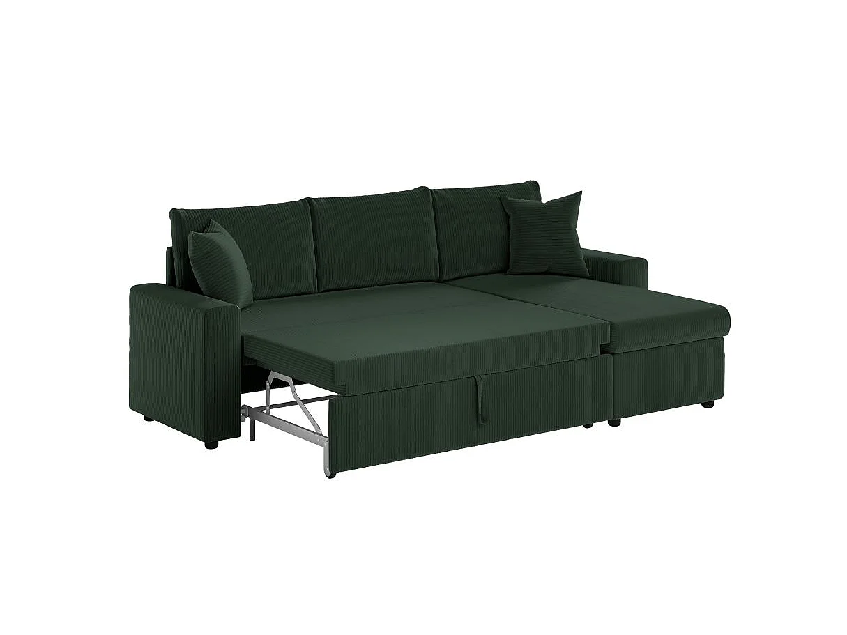 Canapé d'angle 3 places Maria réversible, convertible avec coffre en velours côtelé - Vert foncé - L227 x P146 x H81cm - Loungitude