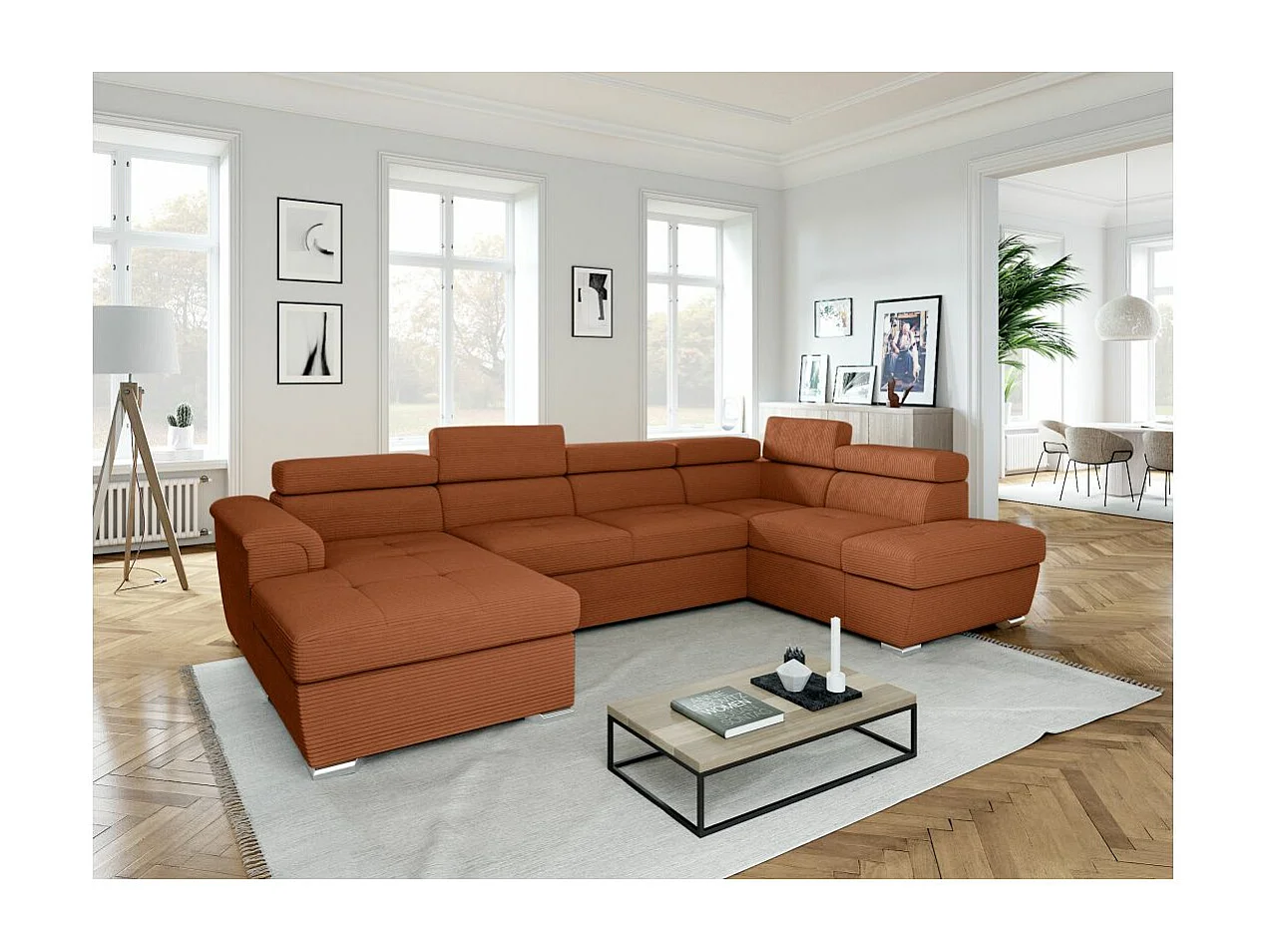 Canapé panoramique 6 places Paola convertible avec 2 coffres en velours côtelé - Terracotta - L320,5 x P188 x H76cm - Loungitude