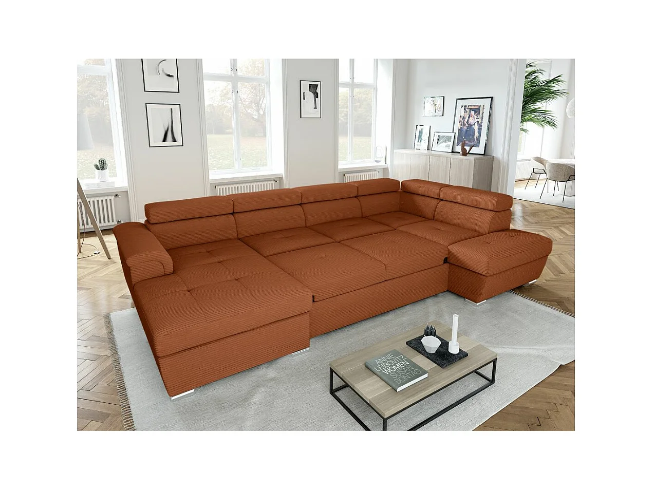 Canapé panoramique 6 places Paola convertible avec 2 coffres en velours côtelé - Terracotta - L320,5 x P188 x H76cm - Loungitude