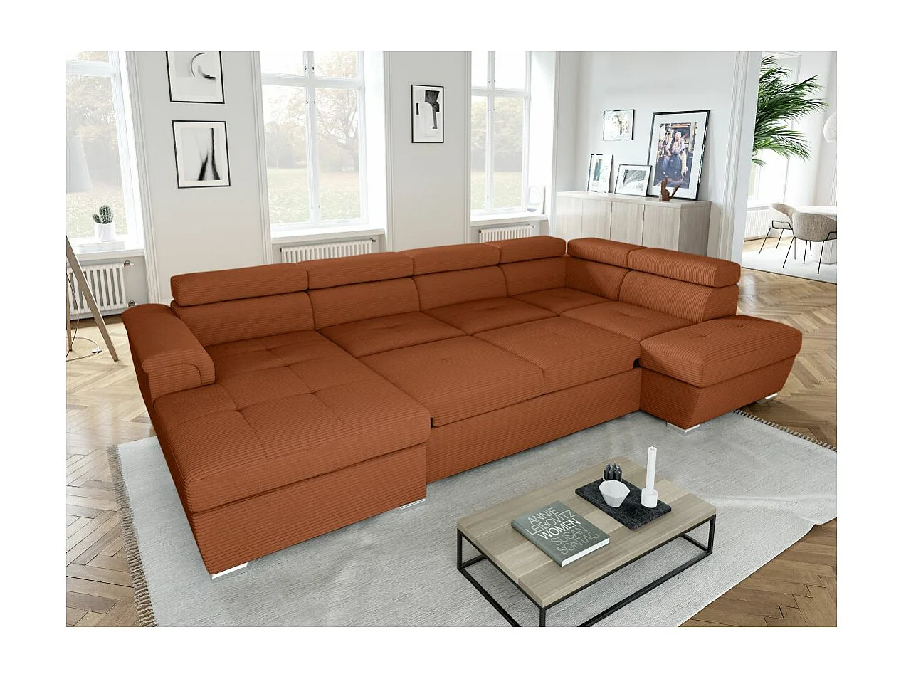 Canapé panoramique 6 places Paola convertible avec 2 coffres en velours côtelé - Terracotta - L320,5 x P188 x H76cm - Loungitude