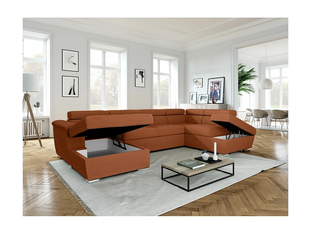 Canapé panoramique 6 places Paola convertible avec 2 coffres en velours côtelé - Terracotta - L320,5 x P188 x H76cm - Loungitude