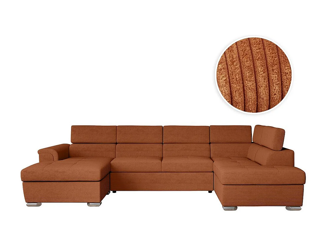 Canapé panoramique 6 places Paola convertible avec 2 coffres en velours côtelé - Terracotta - L320,5 x P188 x H76cm - Loungitude