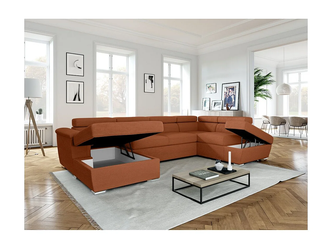 Canapé panoramique 6 places Paola convertible avec 2 coffres en velours côtelé - Terracotta - L320,5 x P188 x H76cm - Loungitude