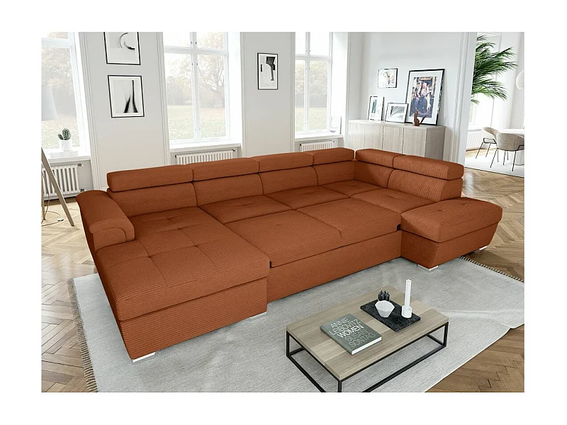 Canapé panoramique 6 places Paola convertible avec 2 coffres en velours côtelé - Terracotta - L320,5 x P188 x H76cm - Loungitude
