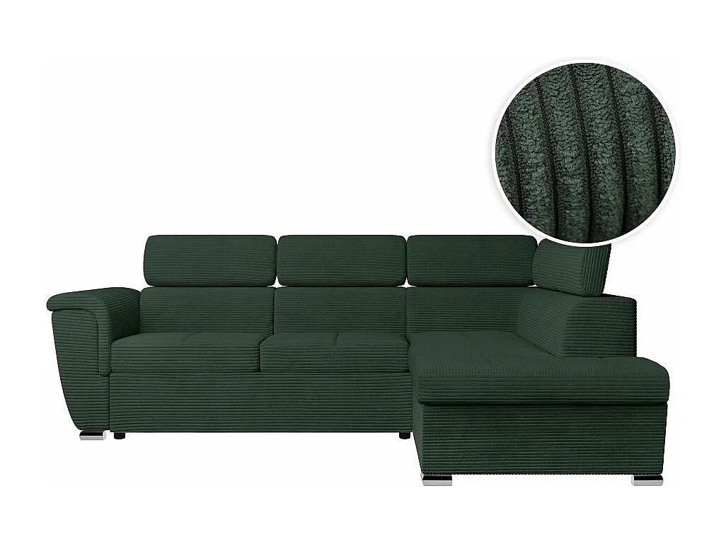 Canapé d'angle droit 4 places Paola convertible avec coffre en velours côtelé - Vert foncé - L252 x P188 x H76cm - Loungitude