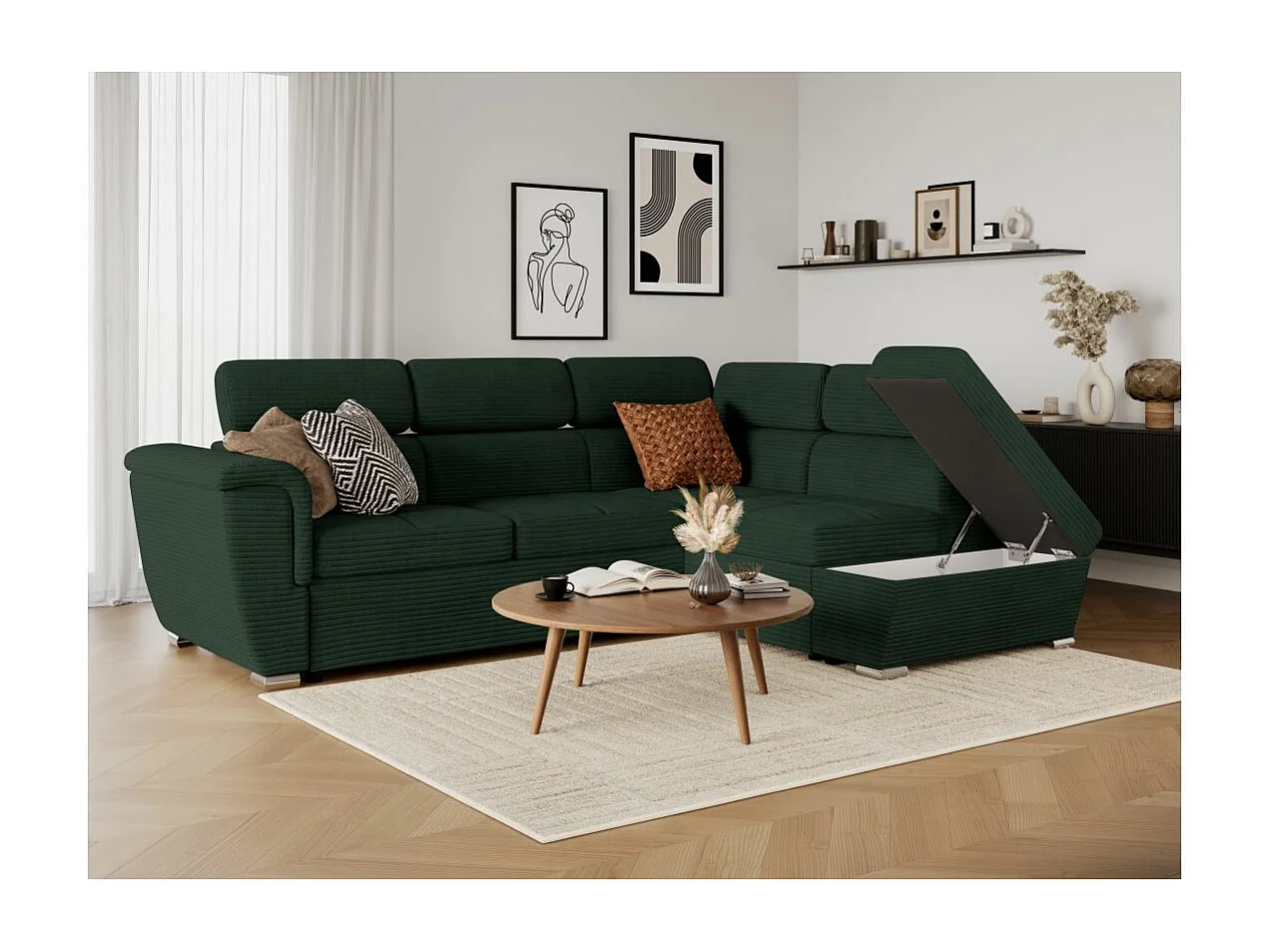 Canapé d'angle droit 4 places Paola convertible avec coffre en velours côtelé - Vert foncé - L252 x P188 x H76cm - Loungitude