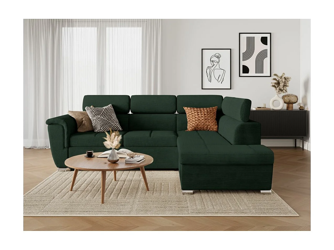 Canapé d'angle droit 4 places Paola convertible avec coffre en velours côtelé - Vert foncé - L252 x P188 x H76cm - Loungitude