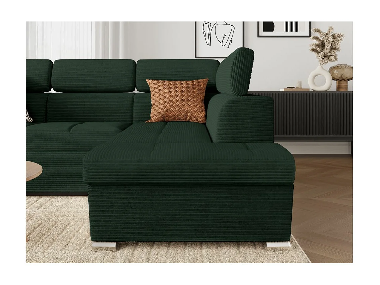 Canapé d'angle droit 4 places Paola convertible avec coffre en velours côtelé - Vert foncé - L252 x P188 x H76cm - Loungitude