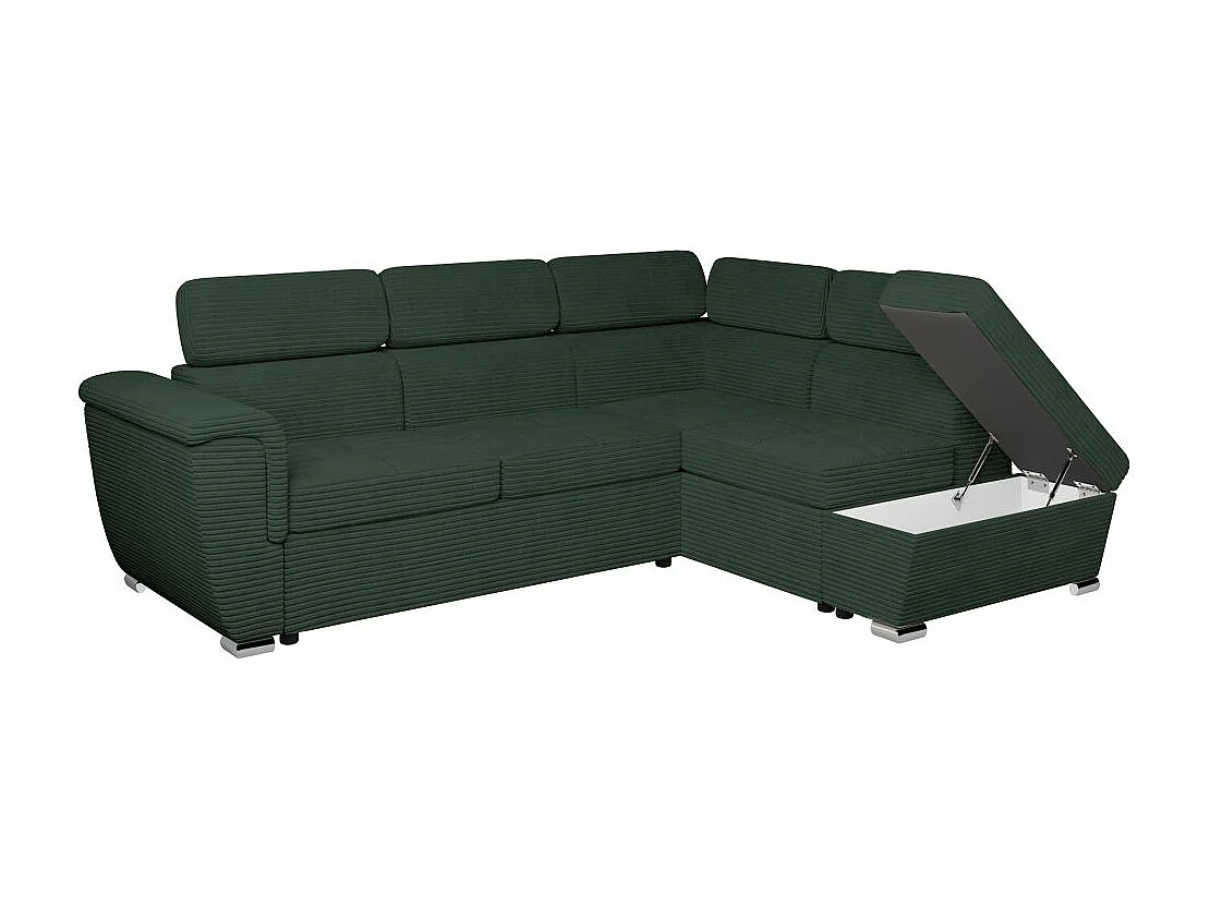 Canapé d'angle droit 4 places Paola convertible avec coffre en velours côtelé - Vert foncé - L252 x P188 x H76cm - Loungitude