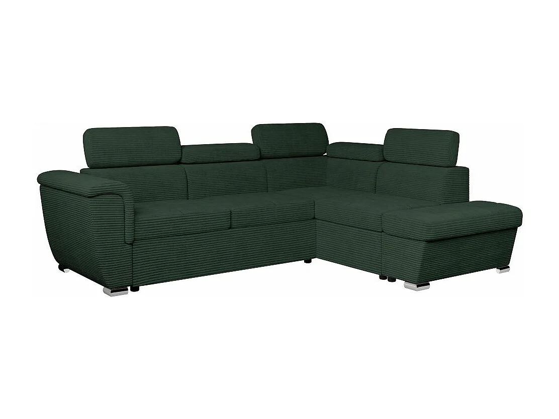 Canapé d'angle droit 4 places Paola convertible avec coffre en velours côtelé - Vert foncé - L252 x P188 x H76cm - Loungitude