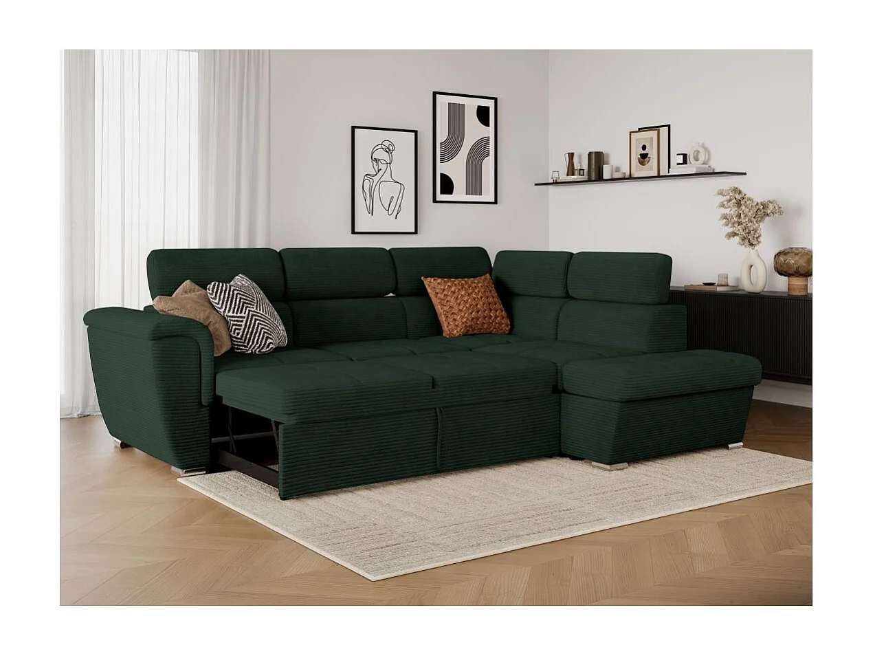 Canapé d'angle droit 4 places Paola convertible avec coffre en velours côtelé - Vert foncé - L252 x P188 x H76cm - Loungitude