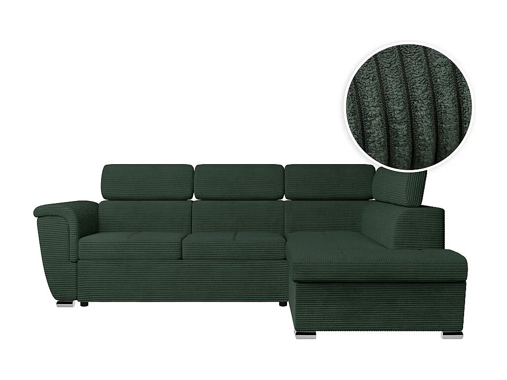 Canapé d'angle droit 4 places Paola convertible avec coffre en velours côtelé - Vert foncé - L252 x P188 x H76cm - Loungitude