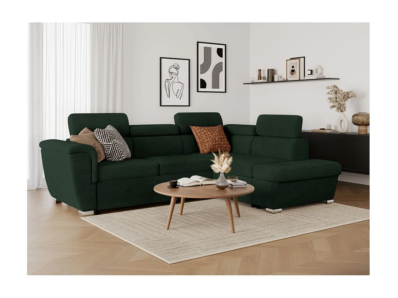 Canapé d'angle droit 4 places Paola convertible avec coffre en velours côtelé - Vert foncé - L252 x P188 x H76cm - Loungitude