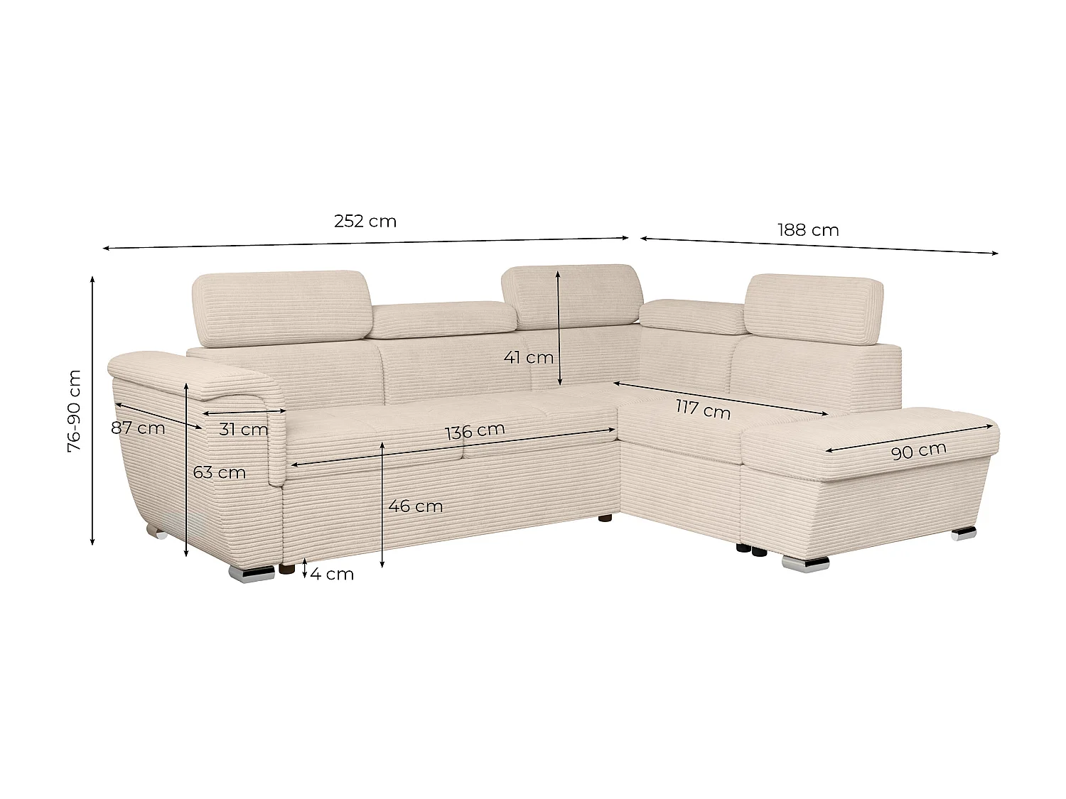 Canapé d'angle droit 4 places Paola convertible avec coffre en velours côtelé - Vert foncé - L252 x P188 x H76cm - Loungitude